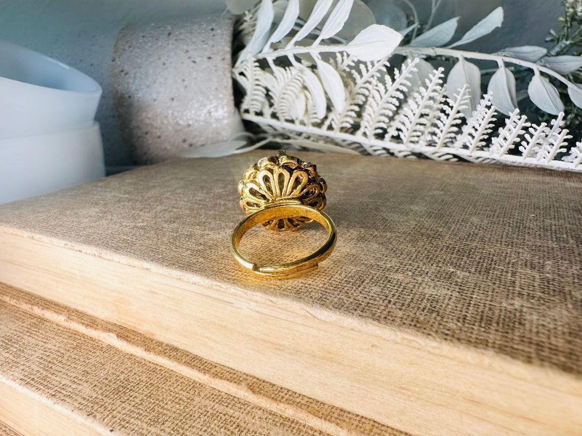 Vintage Orange Bullet Cabochon Ring with Green and Pearl Cabochons, Gold Tone Adjustable Etruscan Revival Ring