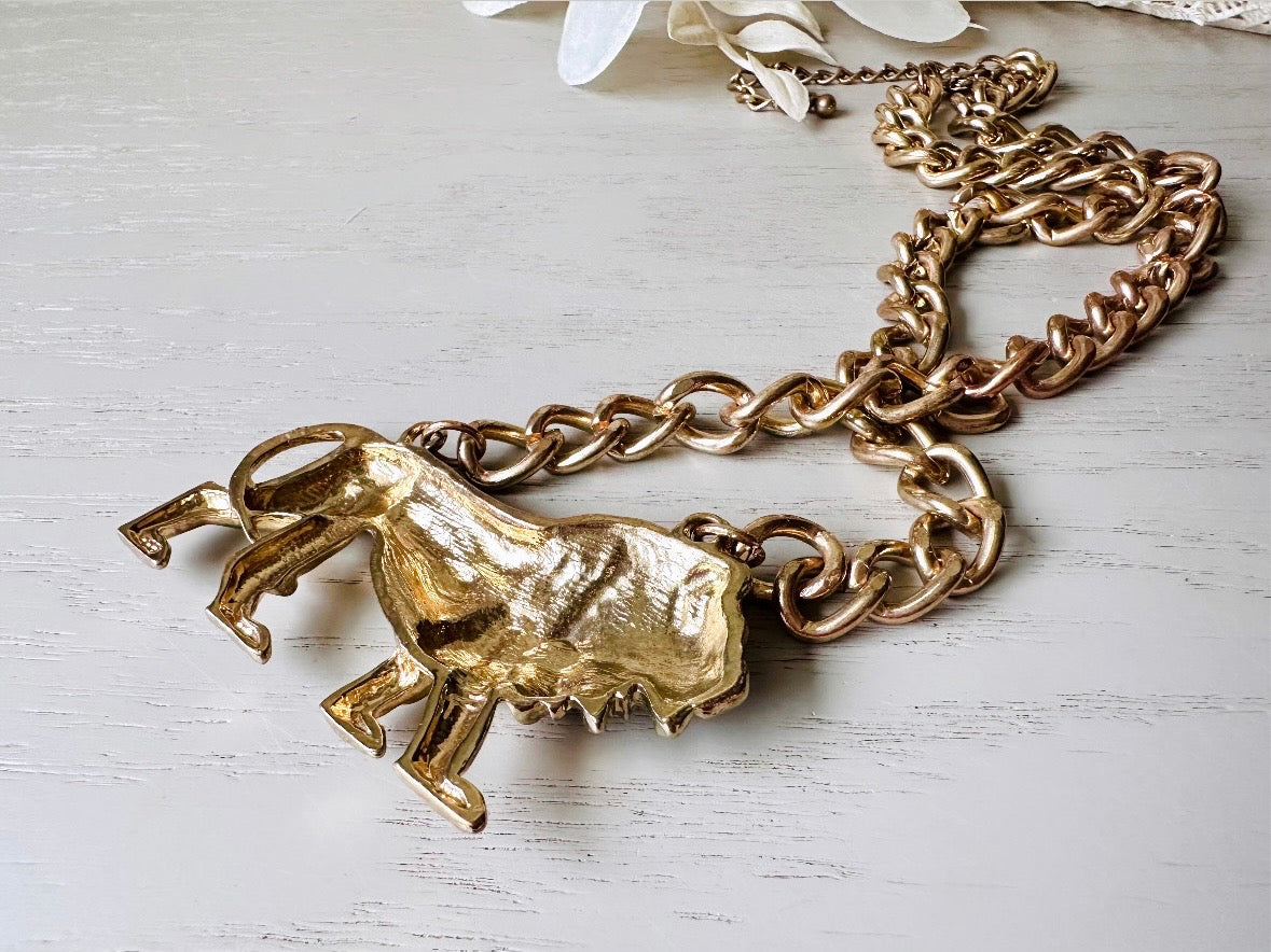 Vintage Gold Lion Necklace, Leo Zodiac Necklace, Big Bold Gold Lion Pendant Necklace, Eye Catching Runway Statement Necklace