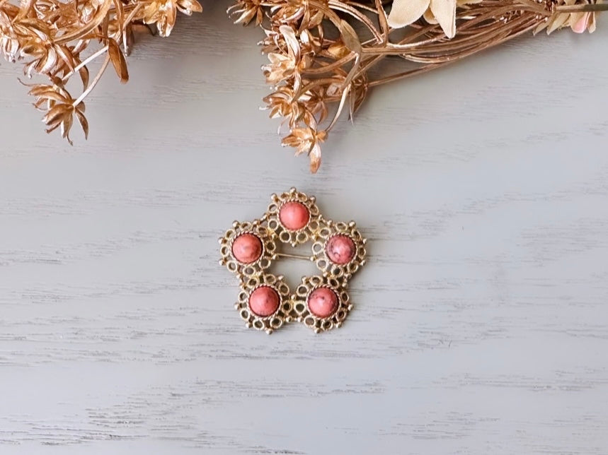 1970's Vintage Brooch, Valencia Brooch Sarah Coventry Coral and Gold Filigree Flower Wreath Brooch, Unique Signed 70s Vintage Jewelry