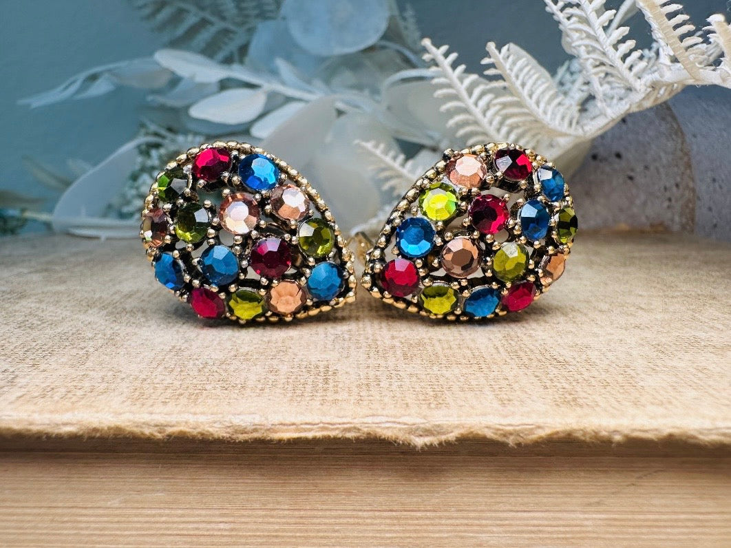 Vintage Rainbow Earrings, Colorful 60s Crystal Inverted Teardrop Clip Ons, Gorgeous Rhinestone Cocktail Earrings, Unique Statement Earrings