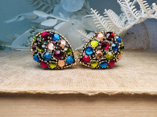 Vintage Rainbow Earrings, Colorful 60s Crystal Inverted Teardrop Clip Ons, Gorgeous Rhinestone Cocktail Earrings, Unique Statement Earrings