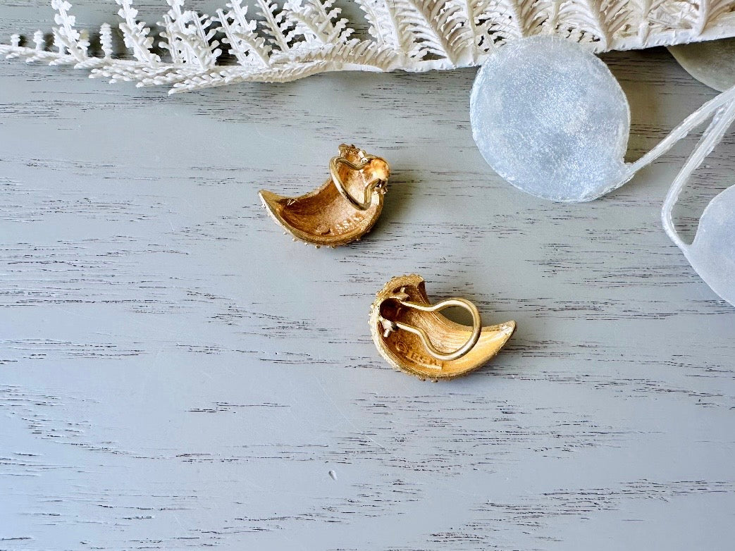 Gold Vintage Designer Earrings, Textured Gold Moon Earrings, Classic Crescent Clip On Earrings Signed BSK 60s Designer Vintage Jewelry