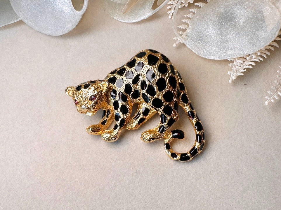 Spotted Leopard Vintage Brooch, Signed Park Lane Gold Cheetah Brooch with Black Enamel and Rhinestone Eyes, Convertible Pendant with Bail