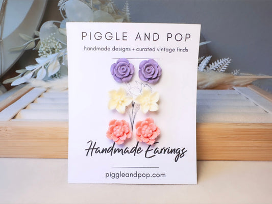 Flower Stud Earrings Gift Set in Pink, Cream and Purple, Handmade Pastel Hypoallergenic Surgical Steel Post Earrings