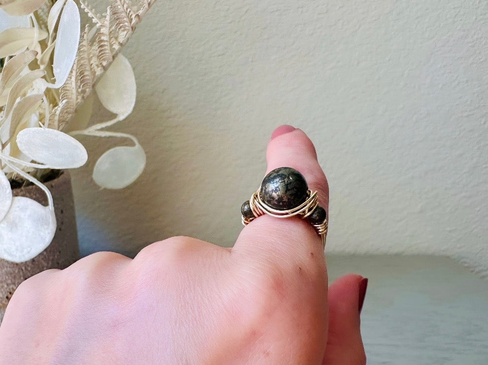 Handmade Pyrite Ring, Wire Wrapped Ring with Natural Stones, Pyrite Fools Gold Metaphysical Ring, Earth Energy Talisman Ring