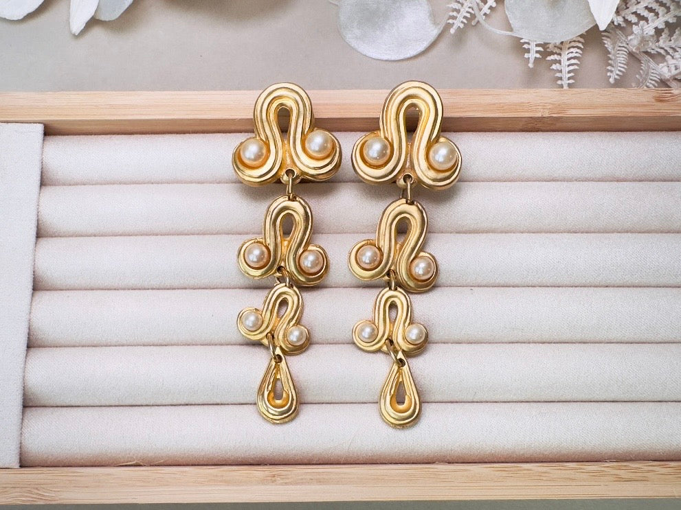 Vintage Blanca Designer Pearl Drop Oversized Matte Gold Clip On Earrings