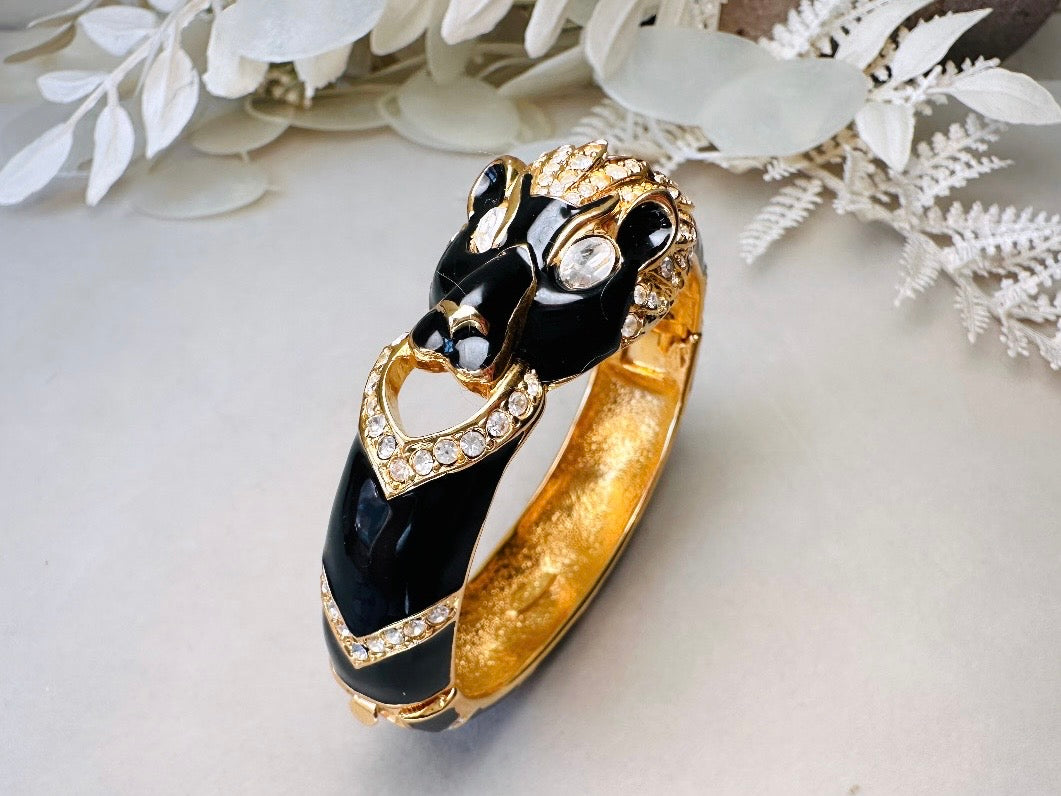 Vintage Giorgio Black Panther Bracelet, Black Enamel Pave Rhinestone and Gold Signed 80s Designer Cuff