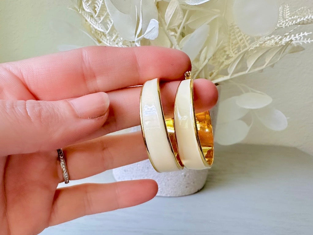 Vintage Cream & Gold Hoop Earrings, Classic 1980s Trifari Earrings, Gorgeous Old Money Gold Bisque Enamel 1.5" Hoops Pierced Earrings