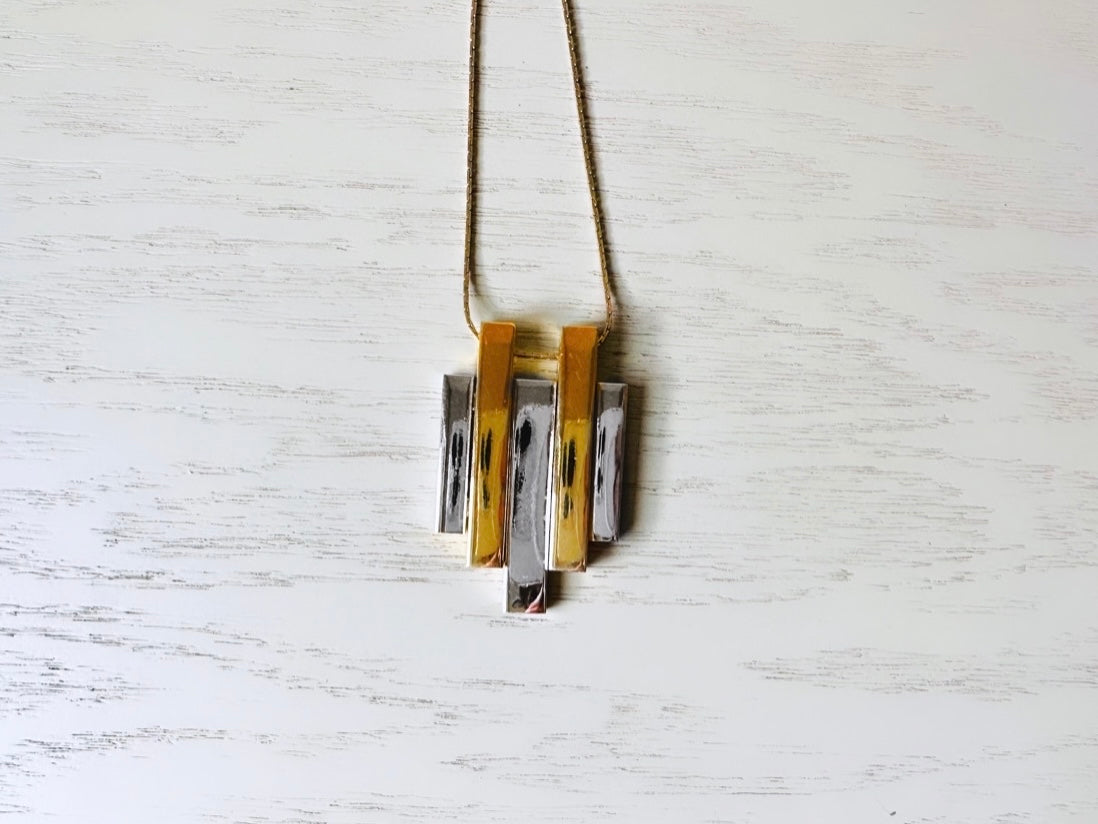 1976 Silver and Gold Avon Pendant Necklace, Mid Century Modern Goldtone and Silvertone 20" Two Tone Geometric Pendant Vintage Necklace