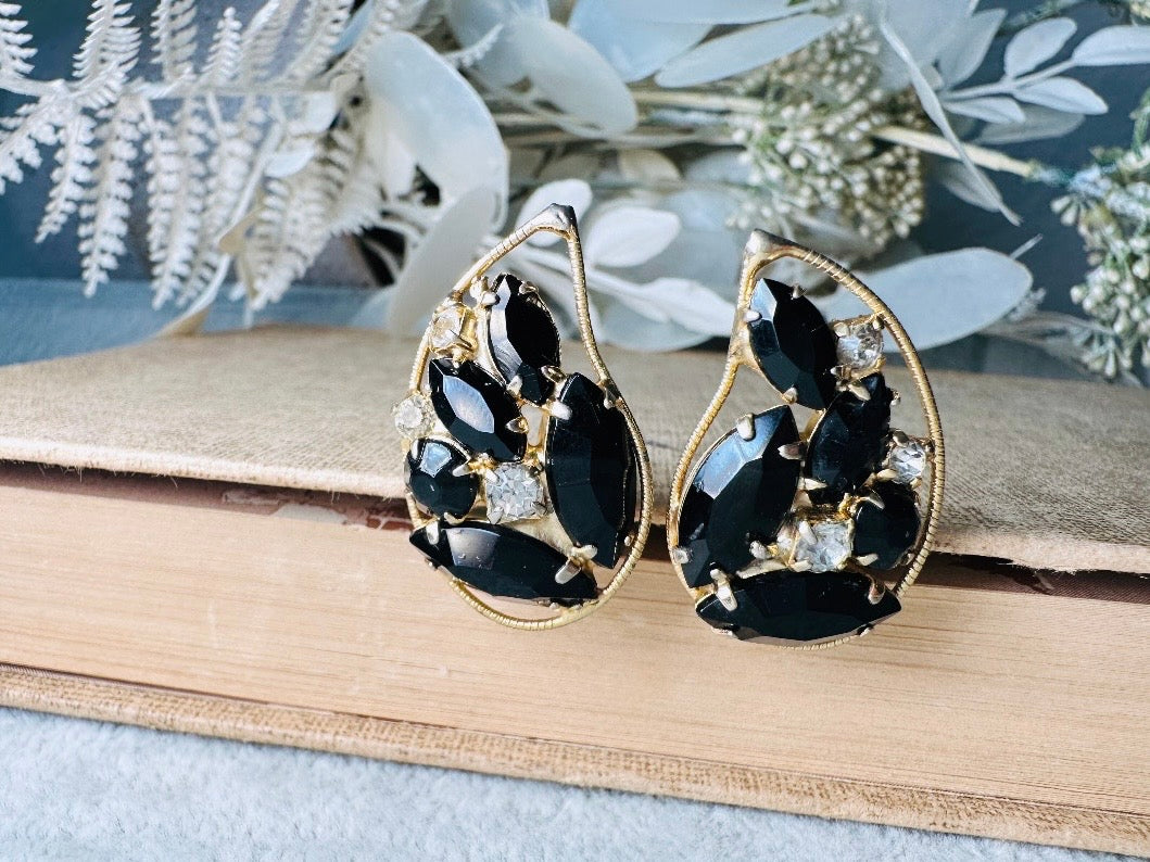 Vintage Black Rhinestone Earrings, 1960s Designer Signed Weiss Mosaic Cocktail Earrings, Gold & Diamond Crystal Teardrop Clip On Earrings