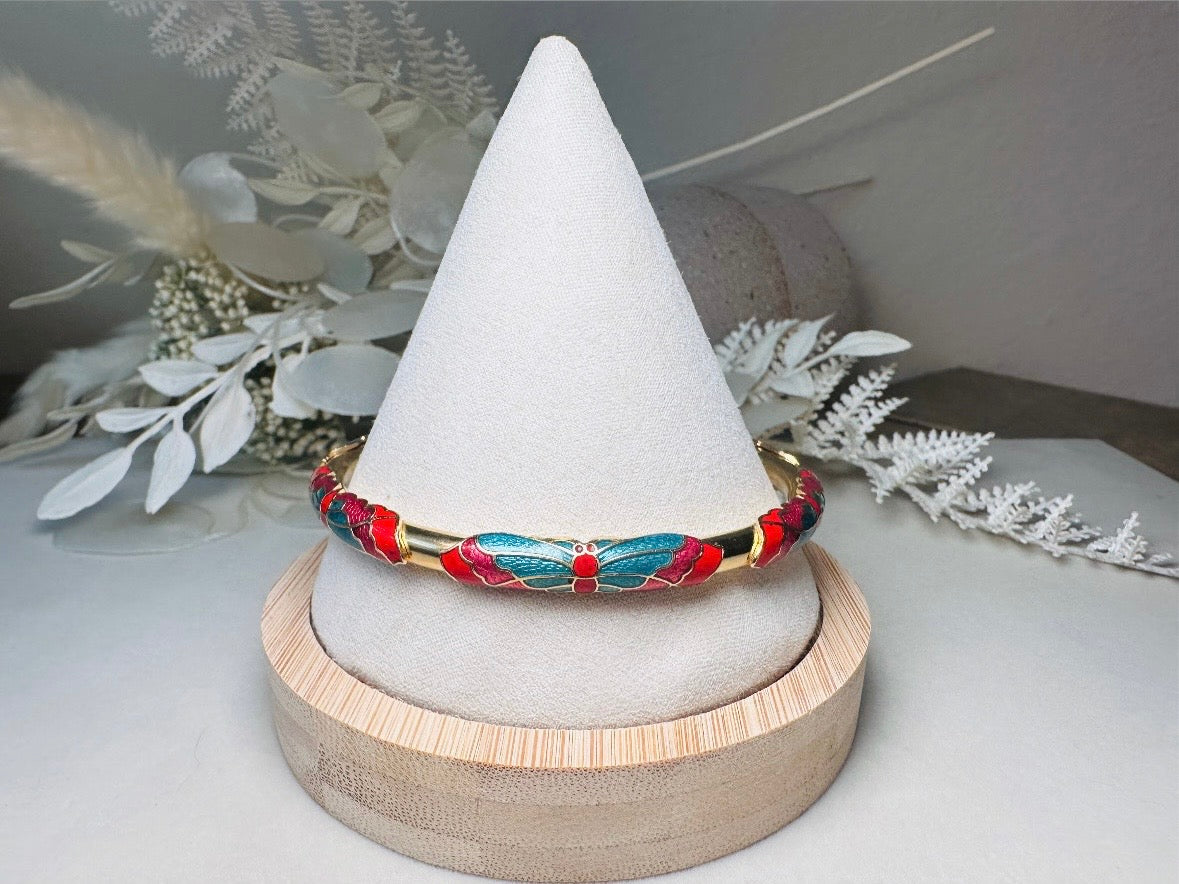 Vintage Cloisonne Skinny Butterfly Bracelet in Blue and Red