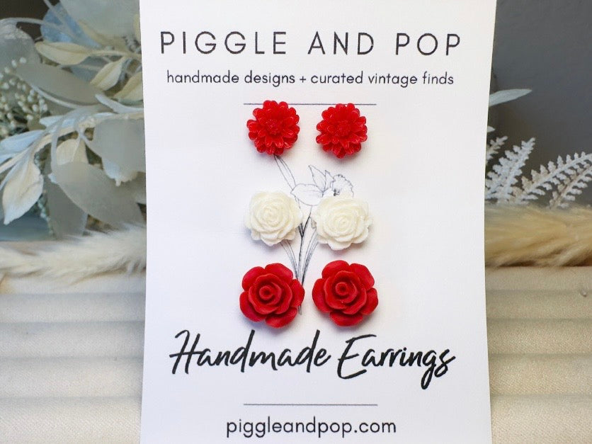 Flower Earrings Set in Red and White, Rose and Daisy Handmade Floral Resin Stud Earrings with Hypoallergenic Posts