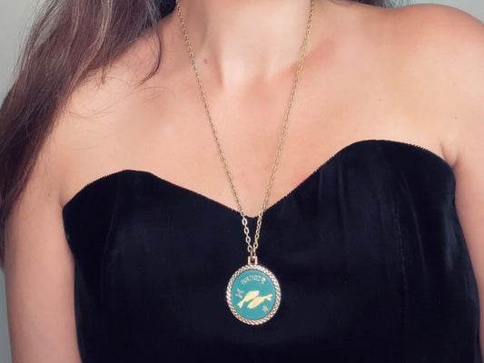 Vintage Pisces Zodiac Necklace, Star Sign Astrology Necklace, Unique Birthday Gift, Long Gold Pendant Double Sided Aqua & 1776 Coin Pendant