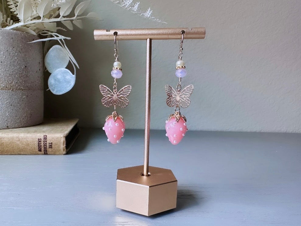 Pink Strawberry Earrings, Original Handmade 24k Gold Filigree Butterfly, Pearl and Crystal  Glass Dangle Earrings, Pretty Whimsical Earrings