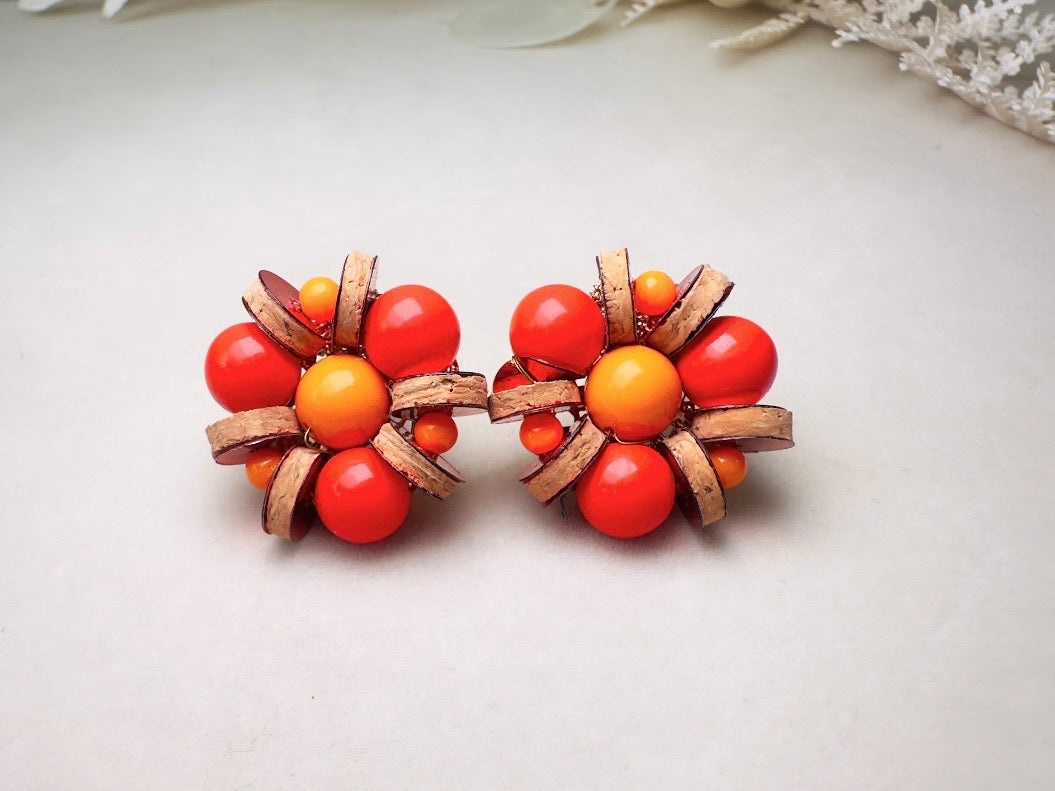 Vintage Japanese Earrings, Colorful 60s Earrings in Red + Orange with Wood and Sequins, Beaded Clip On Earrings