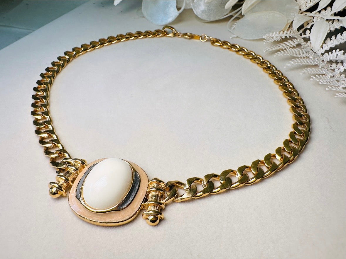 Vintage Trifari Chain Choker Necklace with Cream Cabochon Focal, 1970s Abstract Enamel and Chunky Gold Chain Geometric Necklace