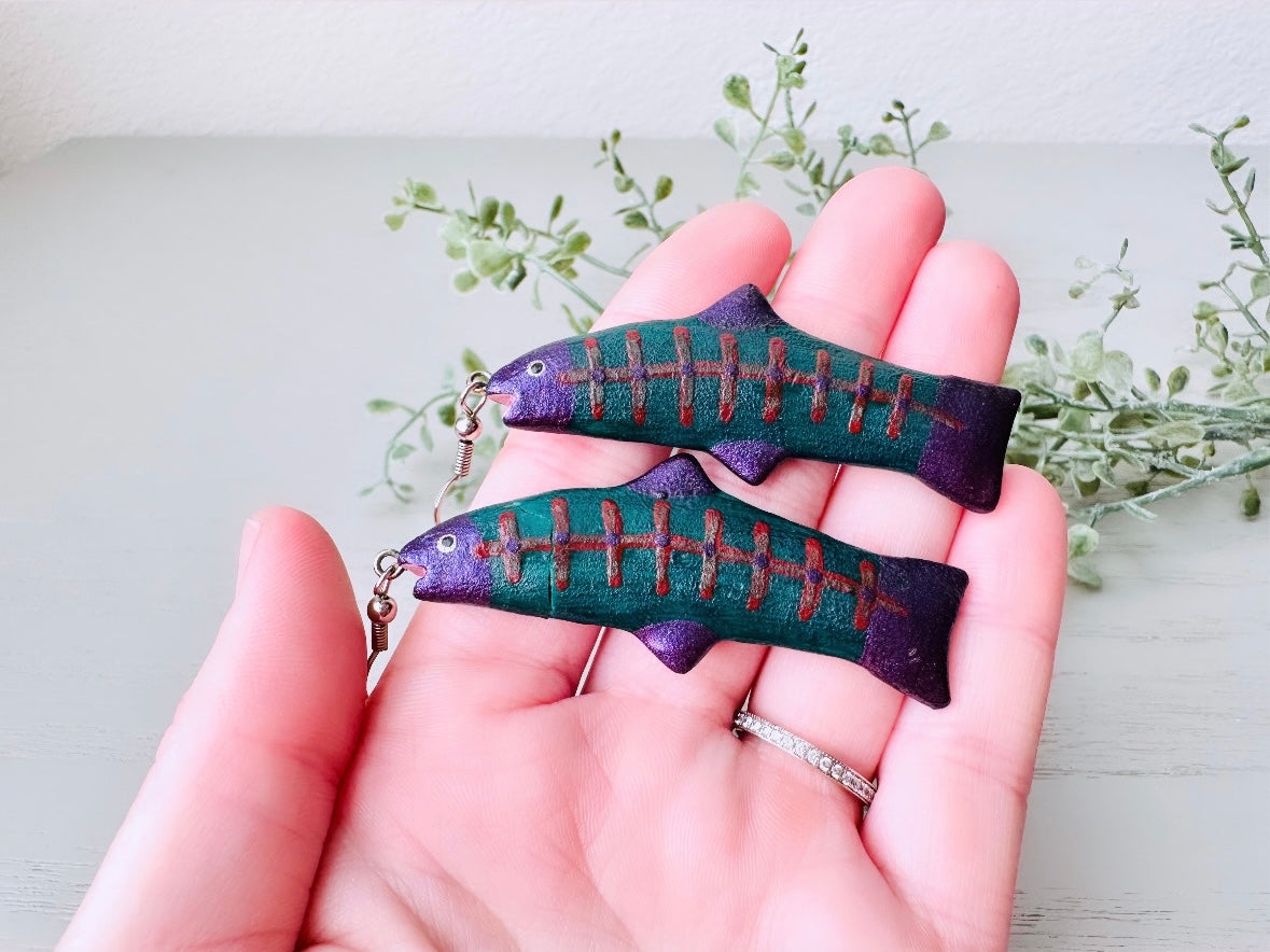Handmade Fish Earrings, Vintage Fish Dangles Purple Teal and Red Handpainted Dangle Earrings, Cute Kitsch Retro Earrings