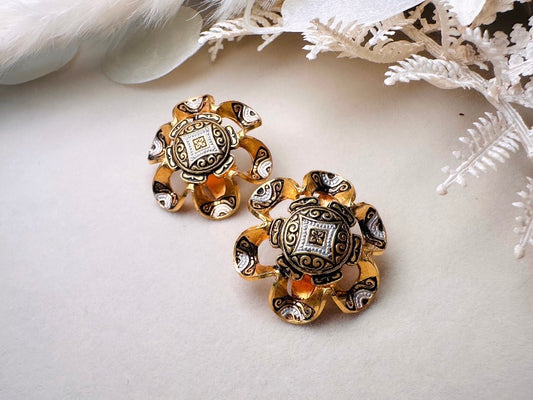Vintage Damascene Earrings, Black and White Enamel Embossed Flower Shape Vintage Clip On Earrings, Made in Spain,