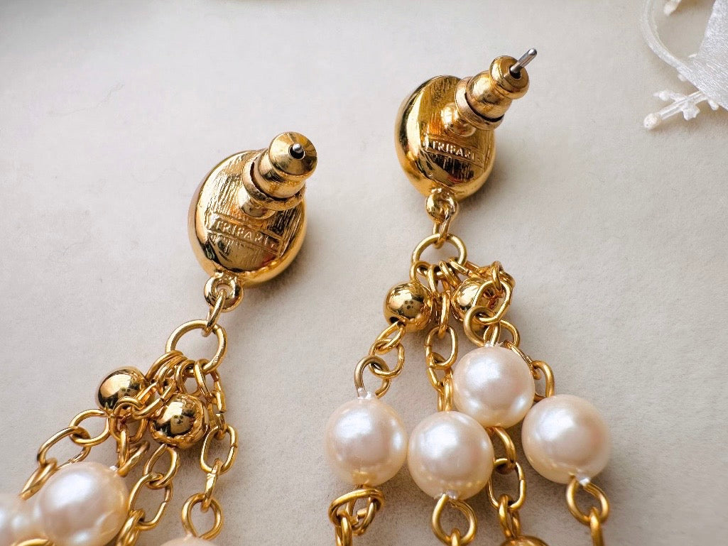 Vintage Trifari Pearl Chandelier Earrings, 1980s Signed Designer Earrings, Delicate Long Fine Gold Chain Tassels Cream Pearls