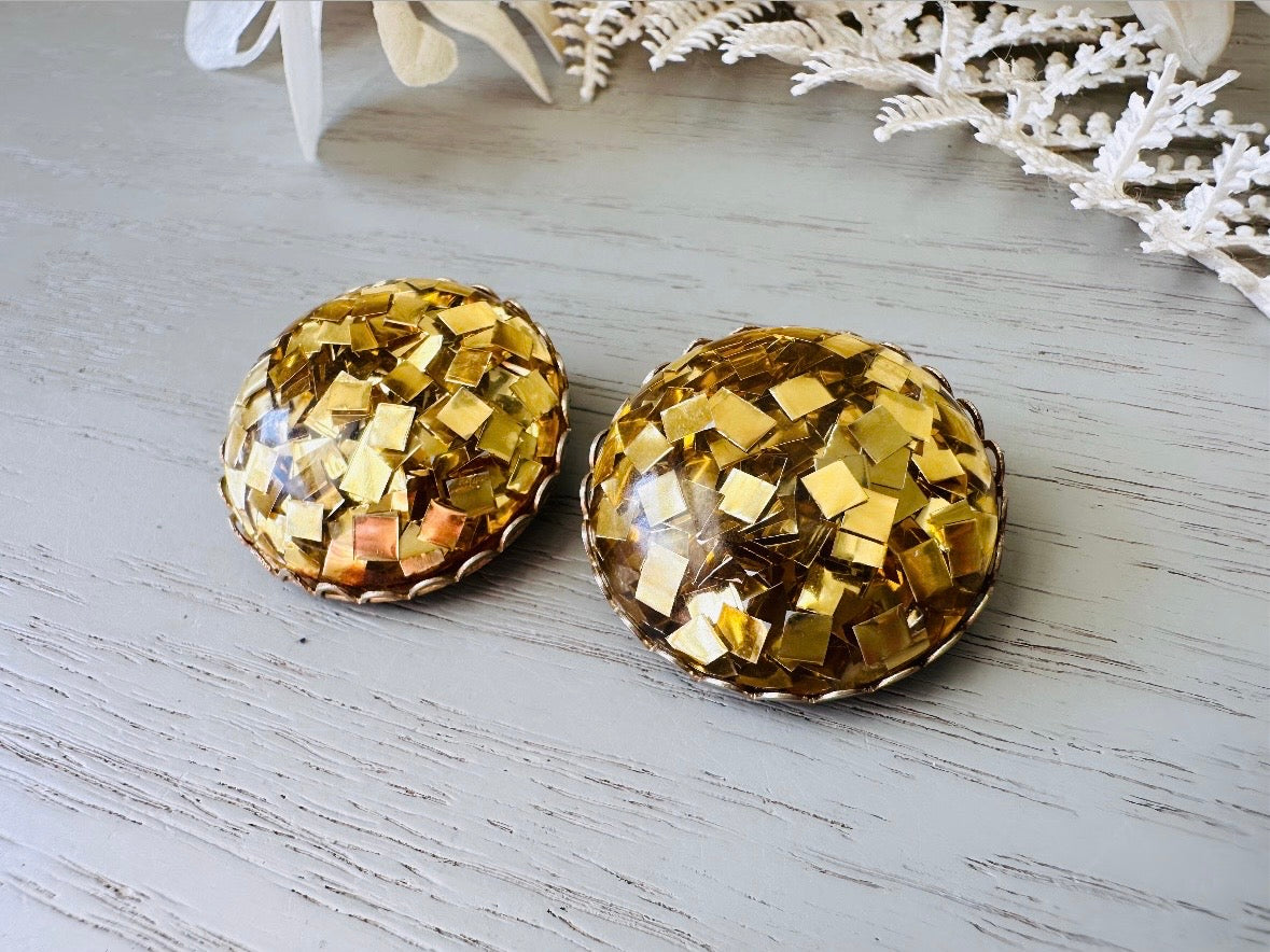 Gold Confetti Earrings, Sparkling Gold Foil Party Earrings, Fun Vintage Confetti Earrings, Clip On Gold Foil Glitter Earrings