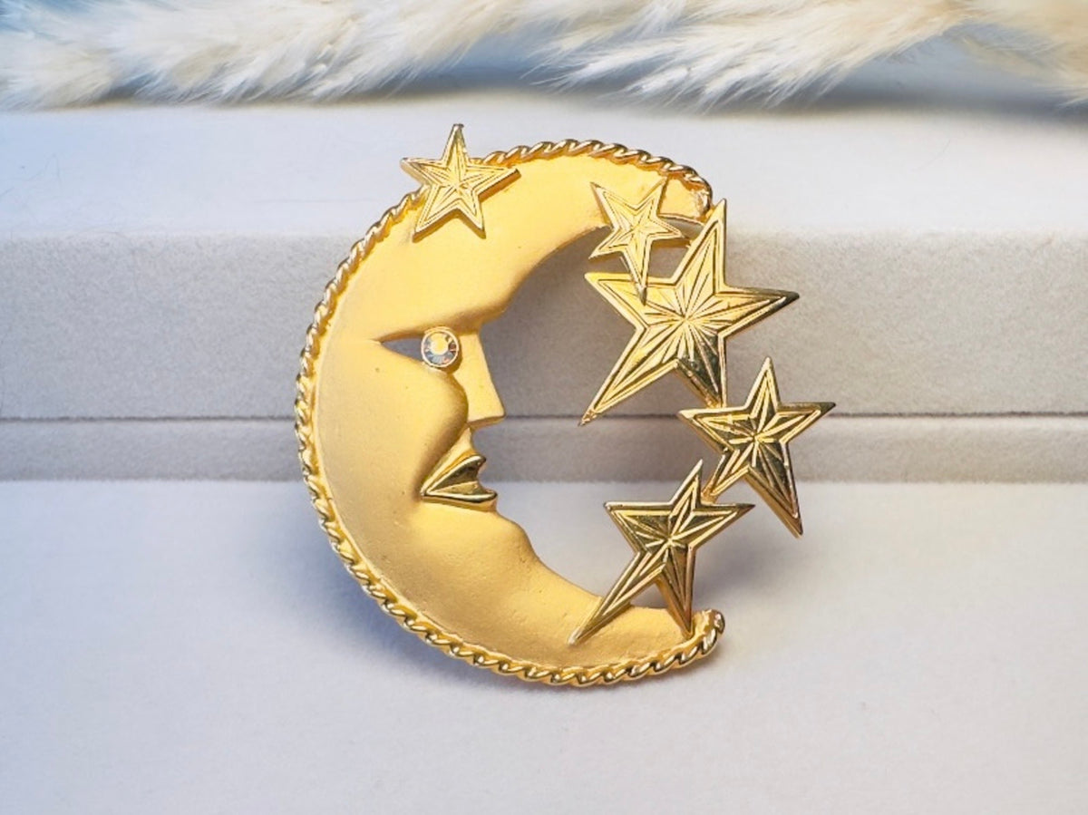 Moon and Stars Vintage Matte Gold JJ Brooch, Man in the Moon Oversized Celestial Jewelry