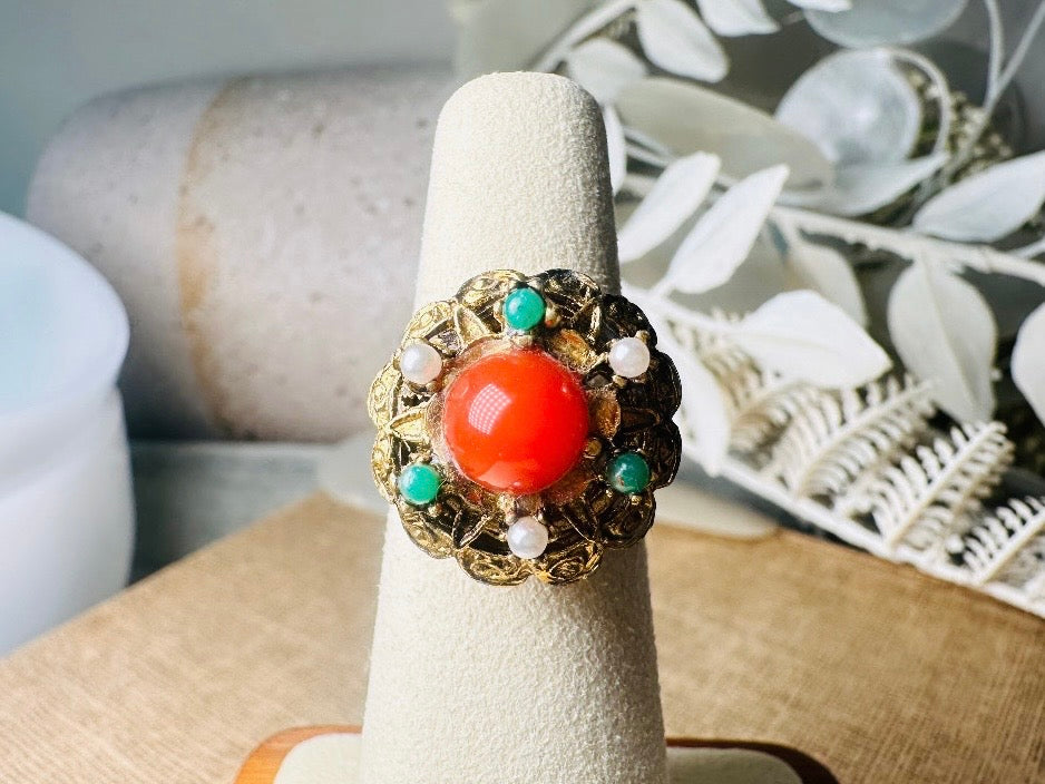 Vintage Orange Bullet Cabochon Ring with Green and Pearl Cabochons, Gold Tone Adjustable Etruscan Revival Ring