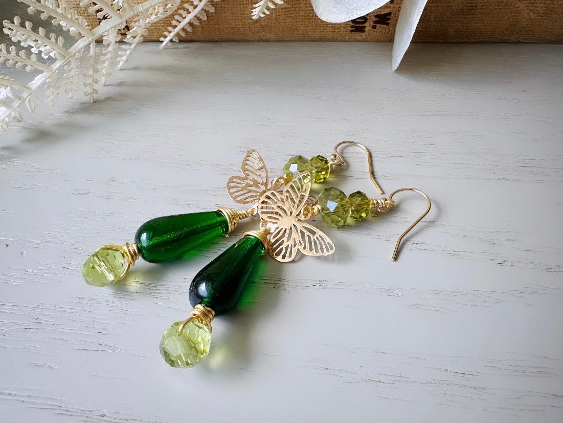 Green Butterfly Earrings, Bridgerton Inspired Handmade 14k Gold Filigree Butterfly Green Crystal Dangle Earrings, Woodland Whimsical Earring by Piggle and Pop