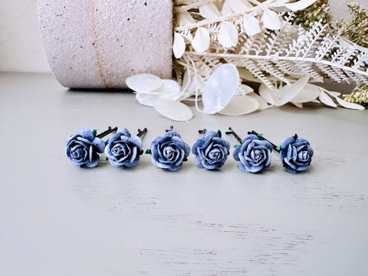 Dark Grey Rose Hair Pin Set, 6 Handmade Paper Flower Bobby Pins in Beautiful Deep Gray, Timeless Bridal Hair Accessories for Floral Wedding MPR6