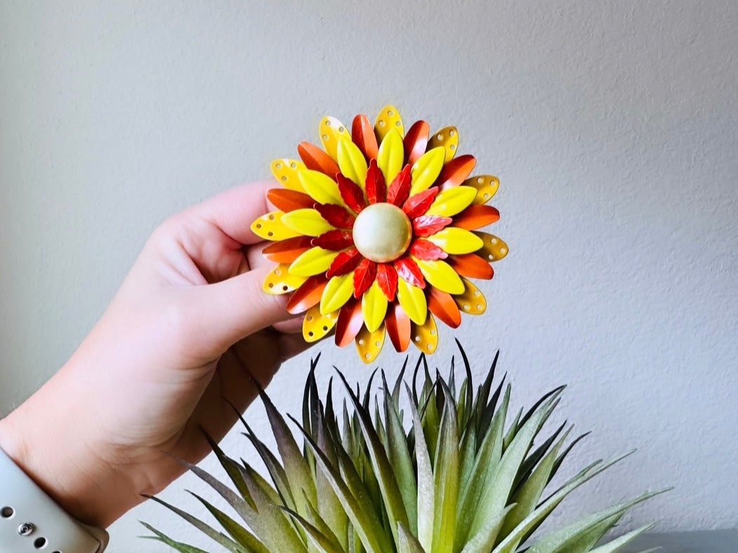 Vibrant Flower Brooch Yellow Orange + Red Floral Pin Pearl Center, Extra Large Vintage Brooch, 1960s Vintage Mod Flower Power Enamel Pin