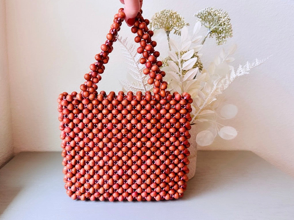 1960s Wood Beaded Purse, Handmade in Japan Vintage Mantessa Bag Fully Beaded Warm Brown Wooden Purse, True Vintage Stylish Bohemian Handbag