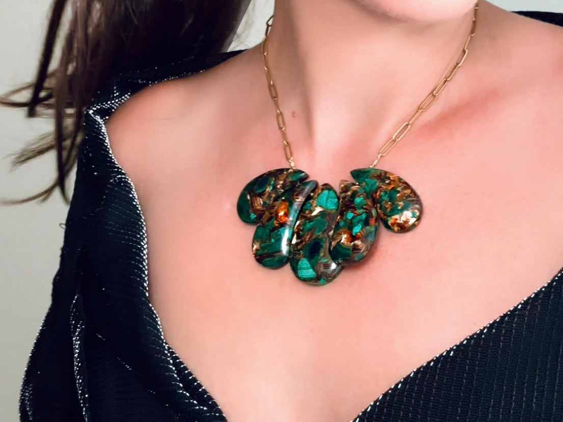 Green Malachite Bronzite Handmade Wire Wrapped Gemstone + 18Kt Gold Necklace, Oversized Statement Choker, Gorgeous Green Gemstone Necklace