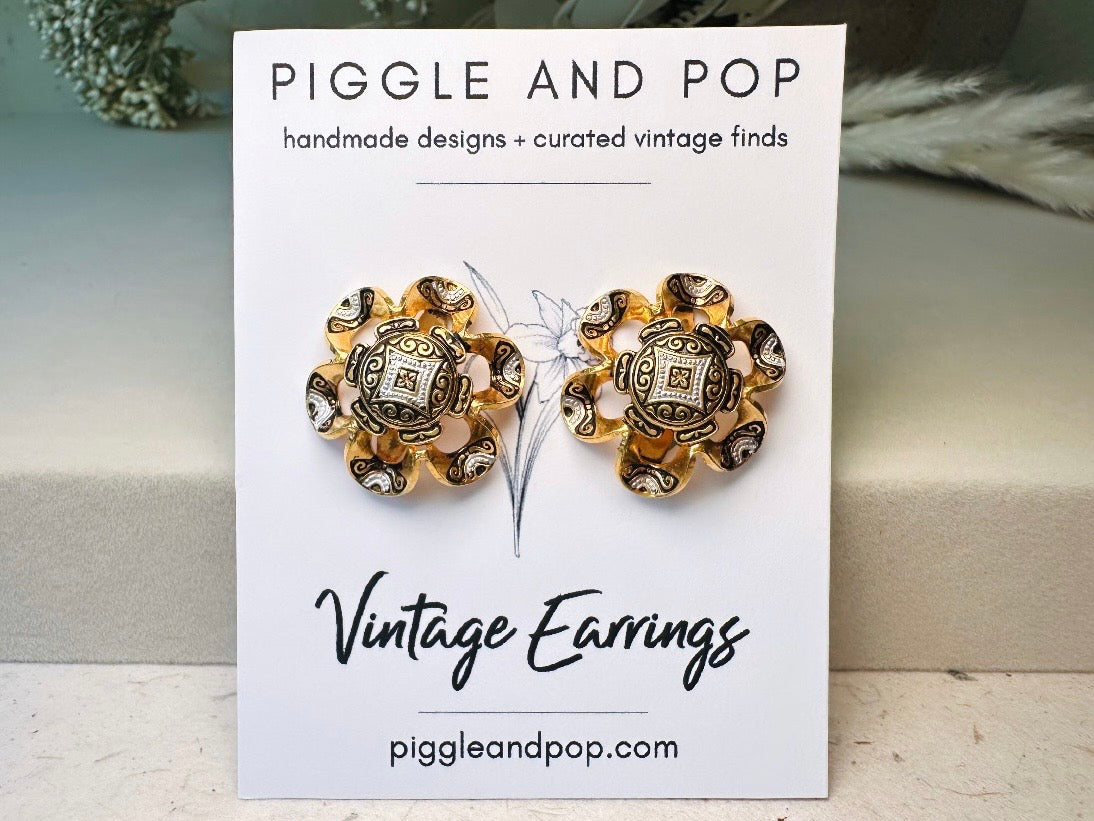 Vintage Damascene Earrings, Black and White Enamel Embossed Flower Shape Vintage Clip On Earrings, Made in Spain,