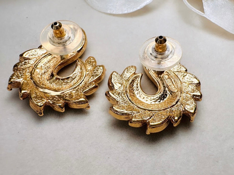 Gold Vintage Avon Crystal Earrings, Dimensional Marquise Rhinestone Studded Paisley Swirl Pierced earrings
