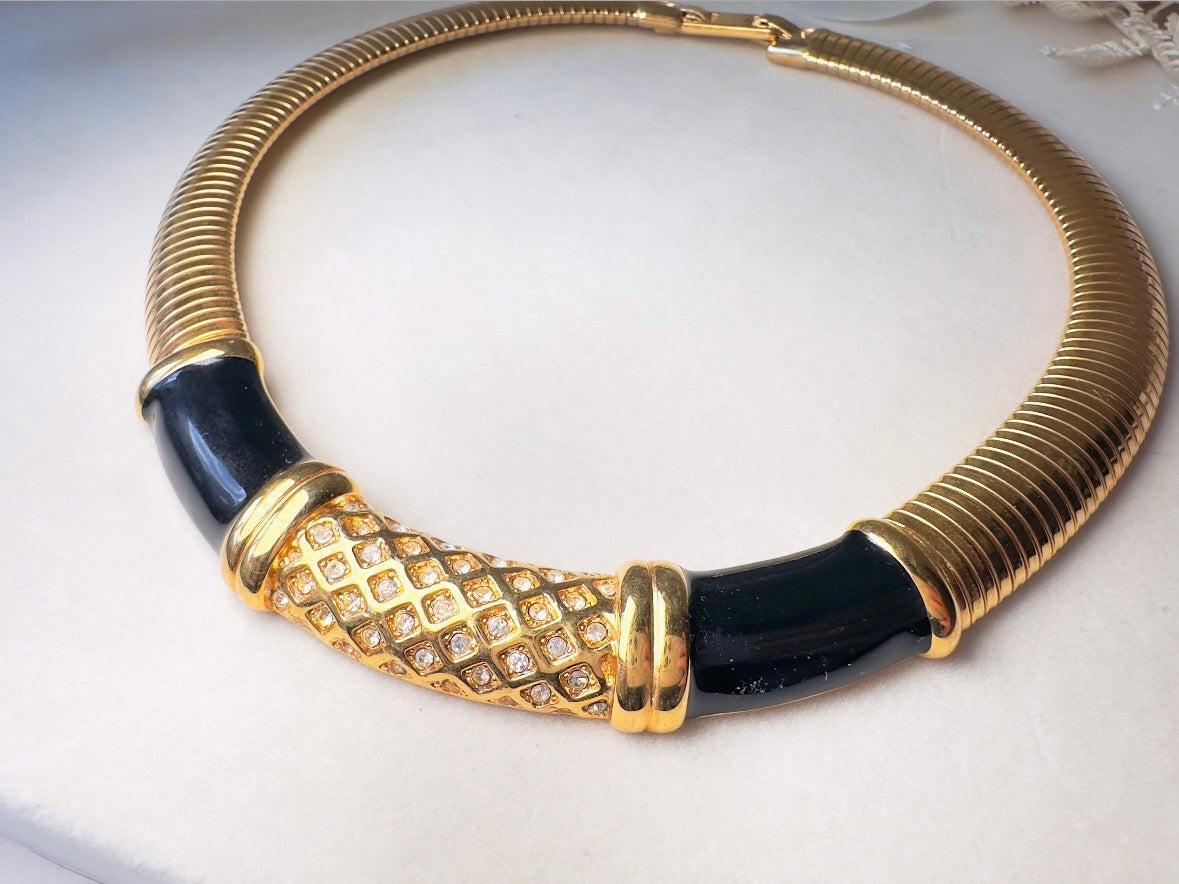 Vintage Omega Necklace, Black and Gold Monet Designer Vintage Necklace with Pave Rhinestones and Black Enamel