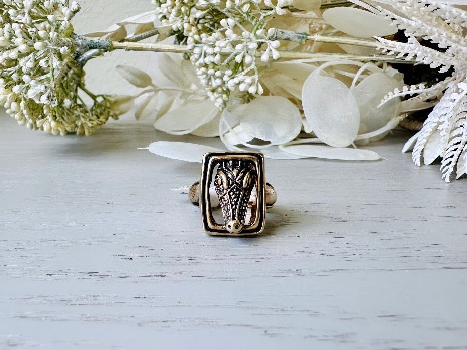 Vintage Alligator Ring, Large 14kt Gold Plated Ring, Rectangle Frame Dimensional Alligator Head Cocktail Ring, Fiercely Fab Costume Jewelry