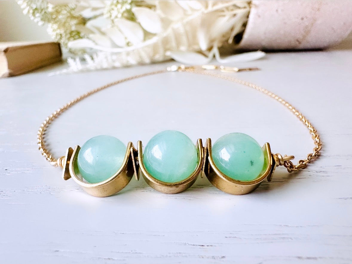 Green Aventurine + Raw Brass Necklace, Green Gemstone Triple Bead Half Moon Brass Frame Minimalist Sleek Stone 14kt Gold Handmade Necklace