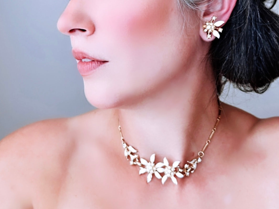 Vintage Choker and Earrings Set, Cream White Enamel Flower Choker Necklace with Matching Earrings, Diamond Rhinestone Vintage Jewelry Set