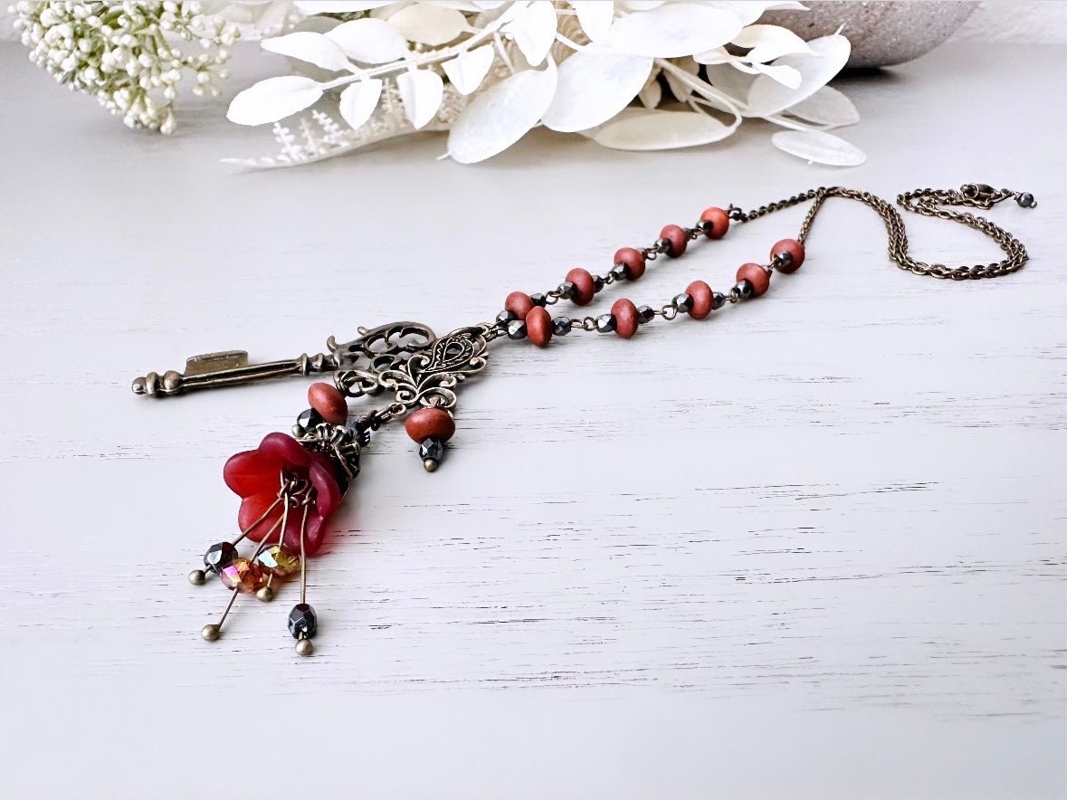 Victorian Flower Rosary Necklace in Chocolate Cherry w Swarovski Topaz Crystals, Hematite Stones + Bronze Skeleton Key Lucite Charm Necklace