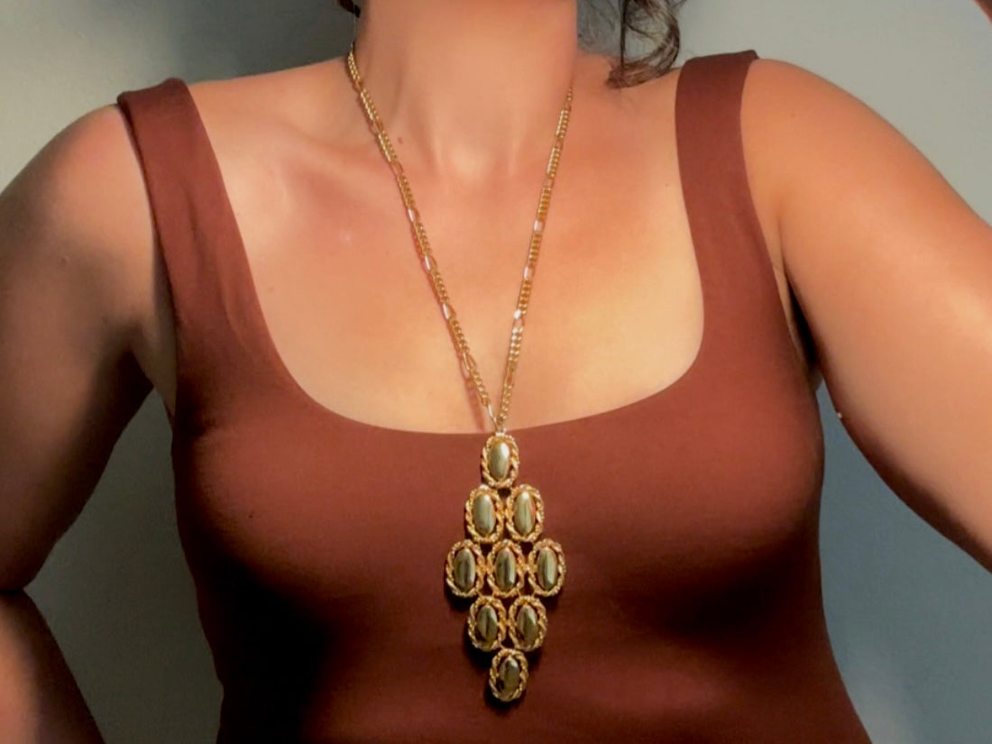 Huge Gold Pendant Necklace, Long Gold Vintage Necklace, Unique Bold Geometric  Chunky Gold Necklace