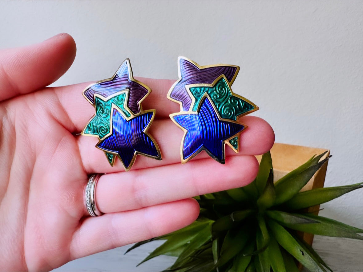 80s Berebi Star Vintage Earrings, Purple Green and Blue Clip-On Statement Earrings, 1980s Jem & the Holograms Oversized Vintage Star Earring