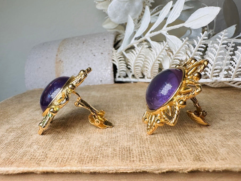 Purple Trifari Jelly Belly Sun Earrings, Rare Moonglow Violet Domed Glass Earrings