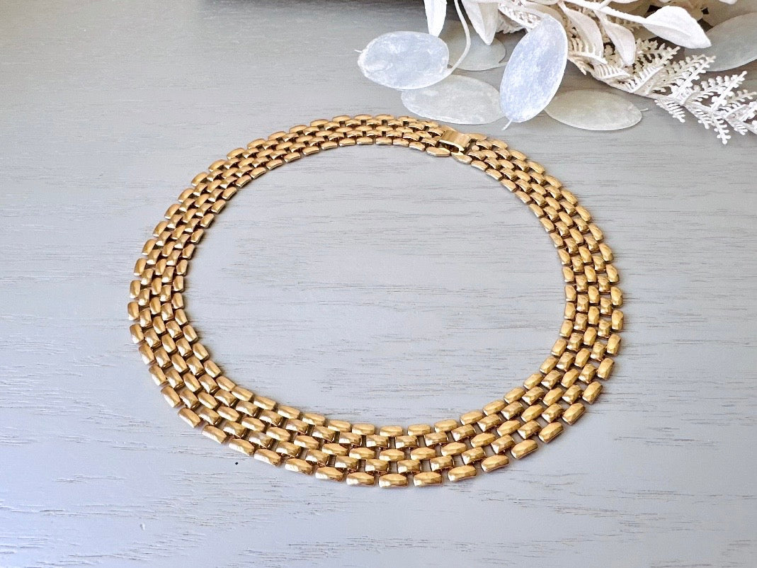 Gold Vintage Chain Necklace Basket Weave Style, Layered Look 1980s Runway Chic, Beautiful Gold Collar Necklace, Authentic Vintage Jewelry