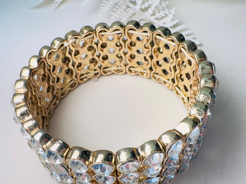 Vintage Rhinestone Stretch Bracelet, Sparkling Wide Band 4 Four Layer Cuff
