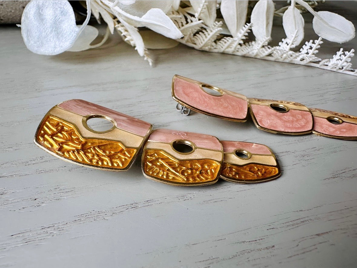 Pink and Gold Berebi Earrings, 1980s Funky Dramatic Vintage Designer Earrings, Pierced Enamel Statement Earrings, Cut Out Dangle Earrings