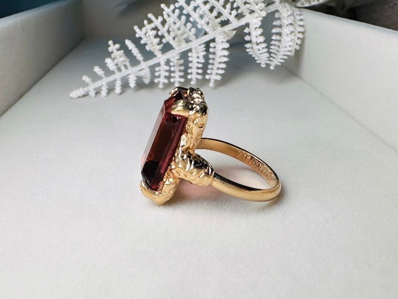 Vintage Cocktail Ring, 1973 Twilight Faux Amethyst Emerald Cut Ring