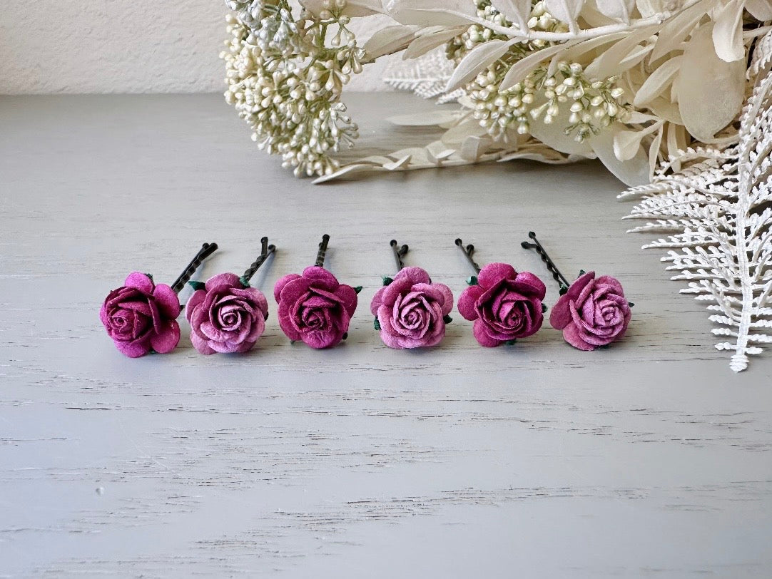 Rose Hair Pins in Wine Purple and Soft Lilac,  Paper Flower Bobby Pins, Merlot Wedding Rustic Hair Pins, 6 Floral Autumn Fall Hair Flowers MPR6