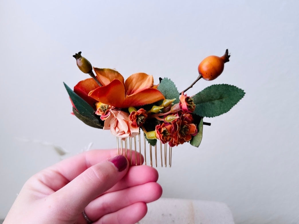 Burnt Orange Flower Hair Comb, Autumn Hair Comb, Fall Wedding Hair, One of a Kind Handmade Hair Comb, Rustic Bridal Hair Accessories