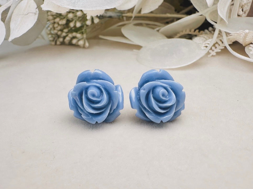 Flower Stud Earrings, Dusty Blue Earring, Large Rose Earrings, Rose Stud Earring, Big Flower Earrings, Resin Stud Earring, Hypoallergenic