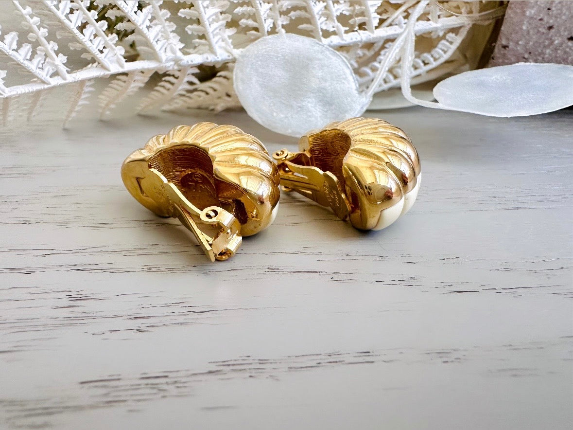 Vintage Kenneth Jay Lane Two Tone Shrimp Huggie Hoop Earrings, 80s Designer Vintage Earrings, Cream and Gold Textured Clip-On Earring