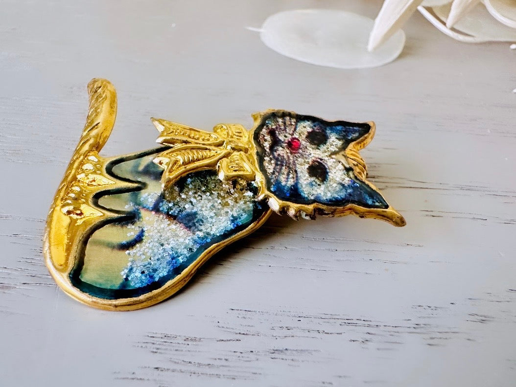 Vintage Cat Brooch, Blue Sparkly Cat Pin, Gold Trimmed Glitter 1980s Vintage Kitty Cat Broach Pin, Quirky Animal Brooch Cat Lover Gift